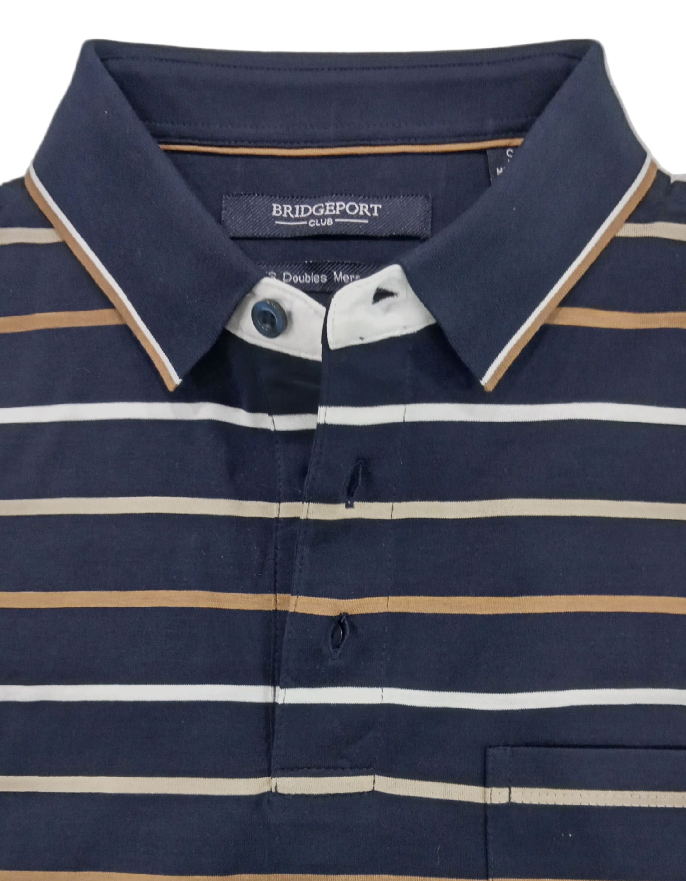 Folded navy and beige striped polo shirt with 'Bridgeport' label on a light gray background