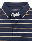 Folded navy and beige striped polo shirt with 'Bridgeport' label on a light gray background