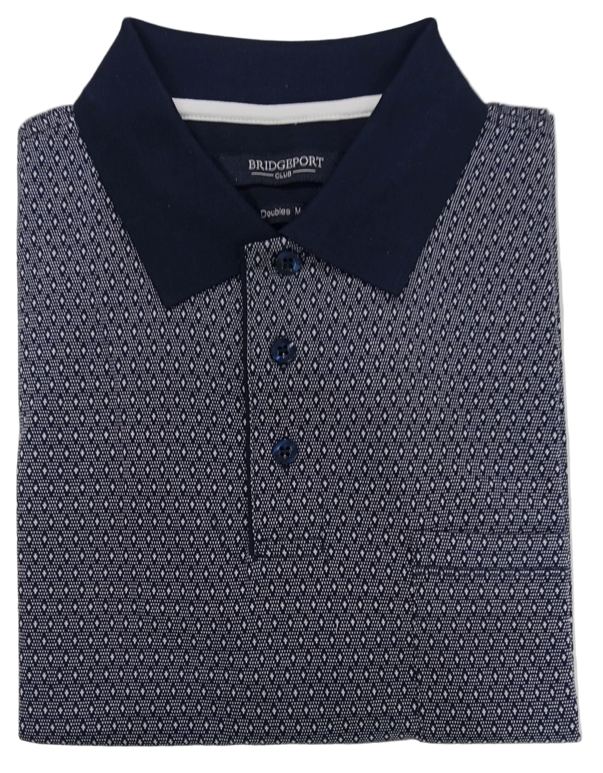 Folded navy polo shirt with white pattern on a light gray background