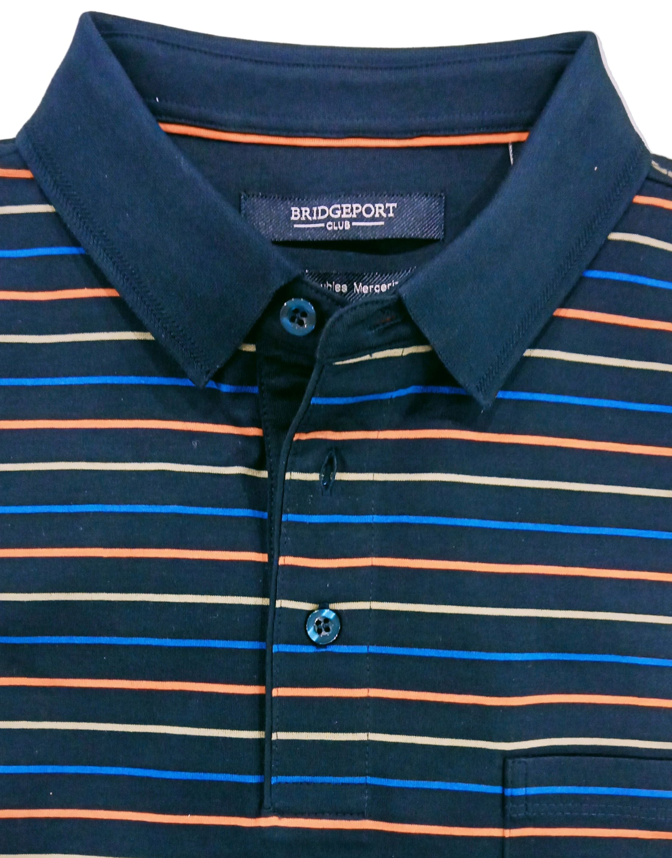 Folded striped polo shirt with 'Bridgeport' label on a white background