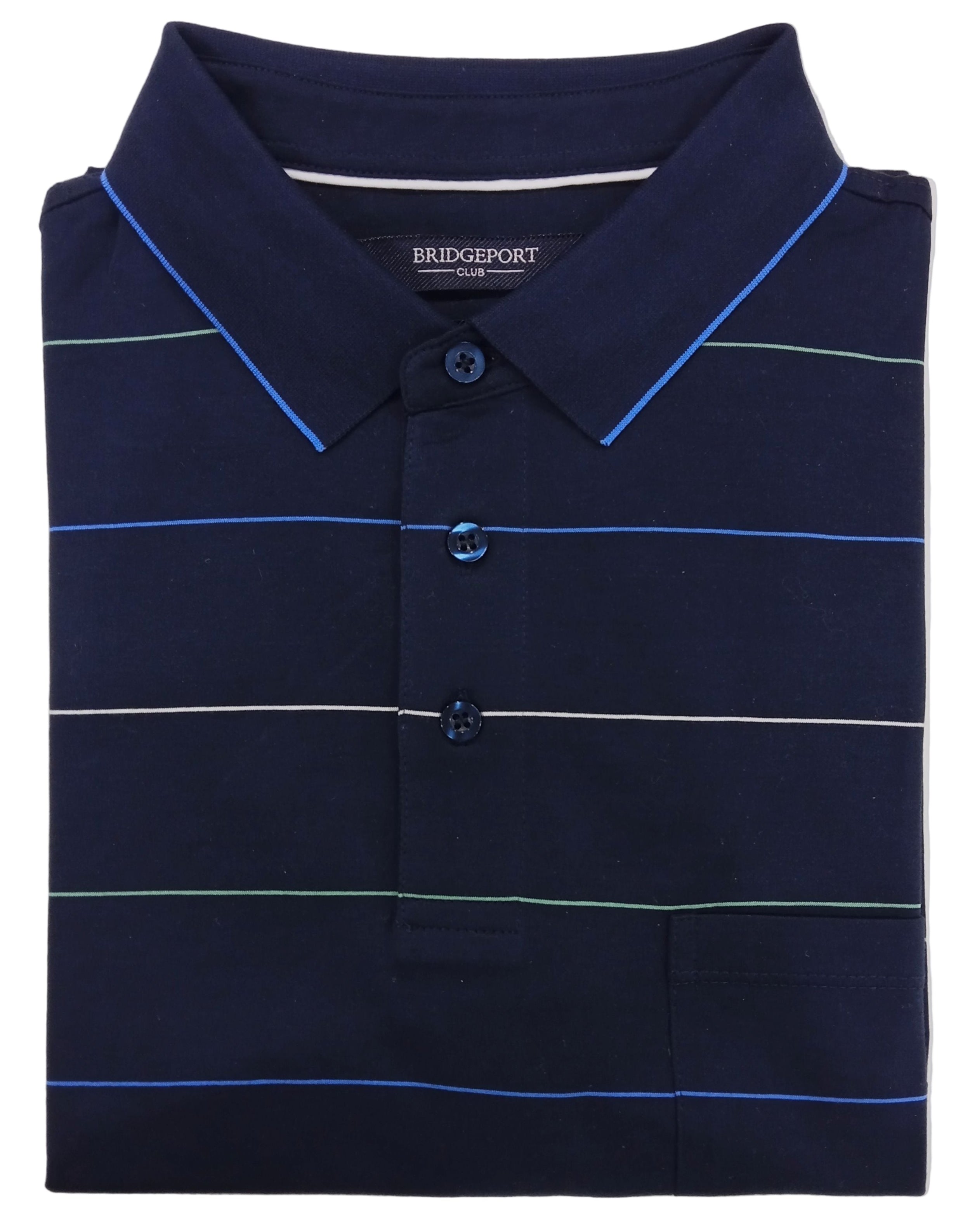 Folded navy blue polo shirt with white and light blue stripes on a light gray background