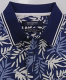 Folded blue and white patterned polo shirt with 'Bridgerport' branding on a light gray background.