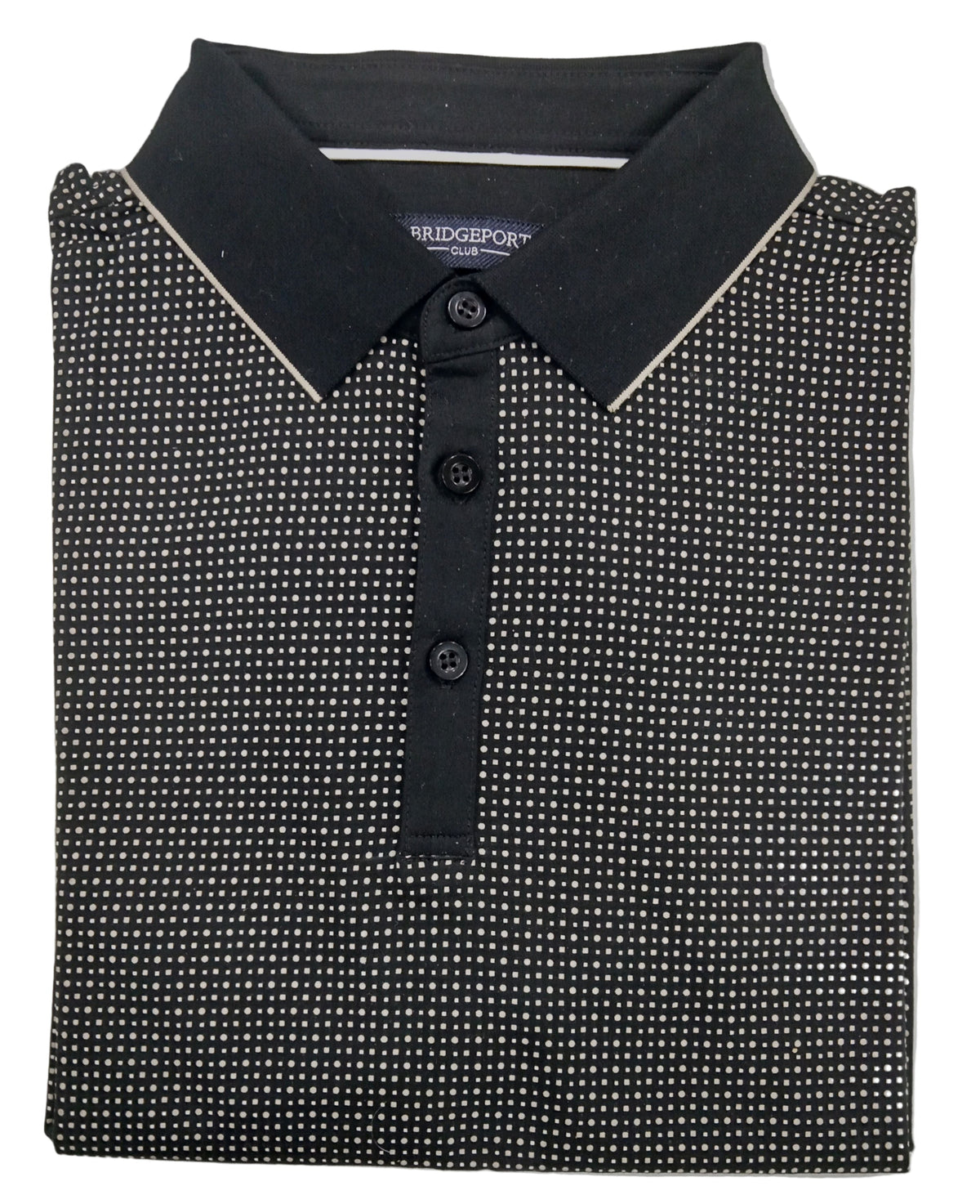 Folded black and white patterned polo shirt with 'Bridgewater' branding on a gray background