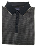 Folded black and white patterned polo shirt with 'Bridgewater' branding on a gray background
