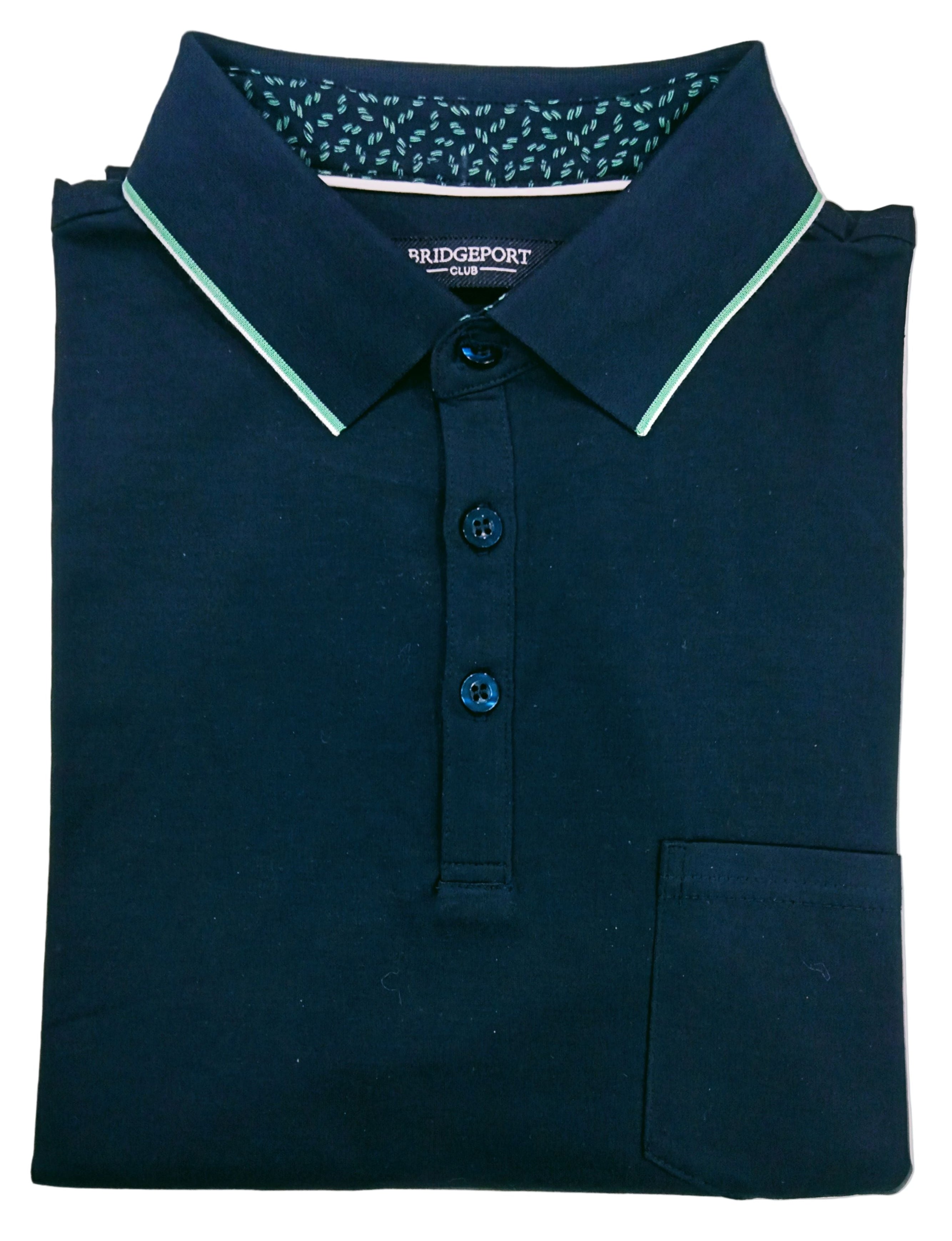 Folded navy blue polo shirt with white trim on a light gray background