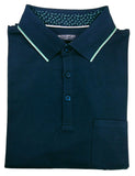 Folded navy blue polo shirt with white trim on a light gray background