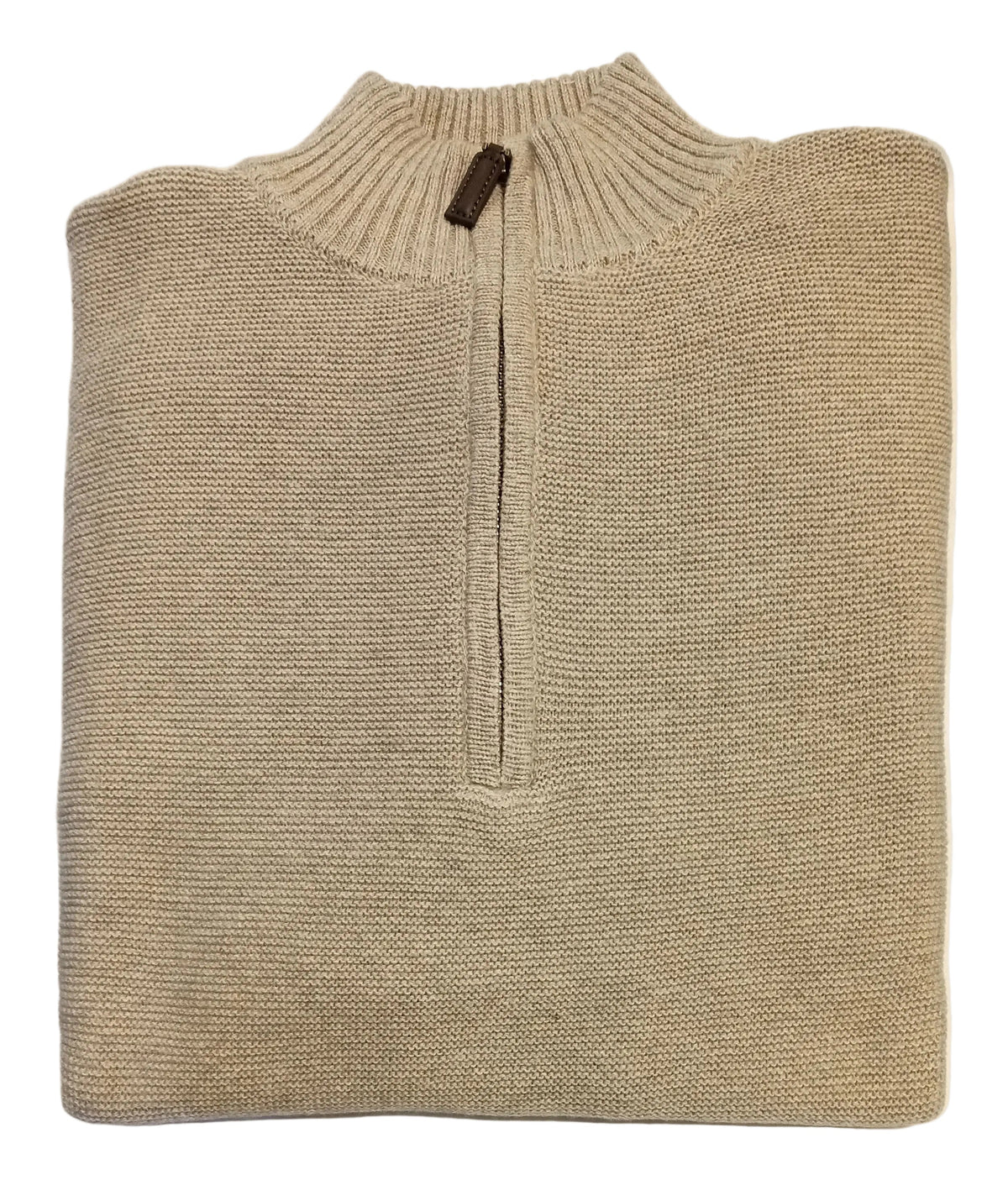 Beige sweater with a quarter zip on a white surface