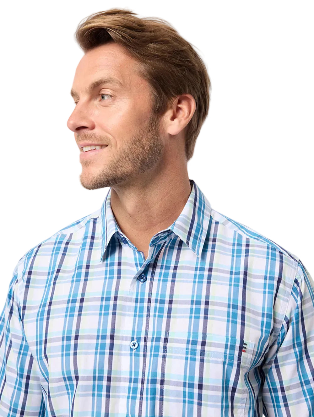 Man wearing a blue and white checkered shirt against a light gray background