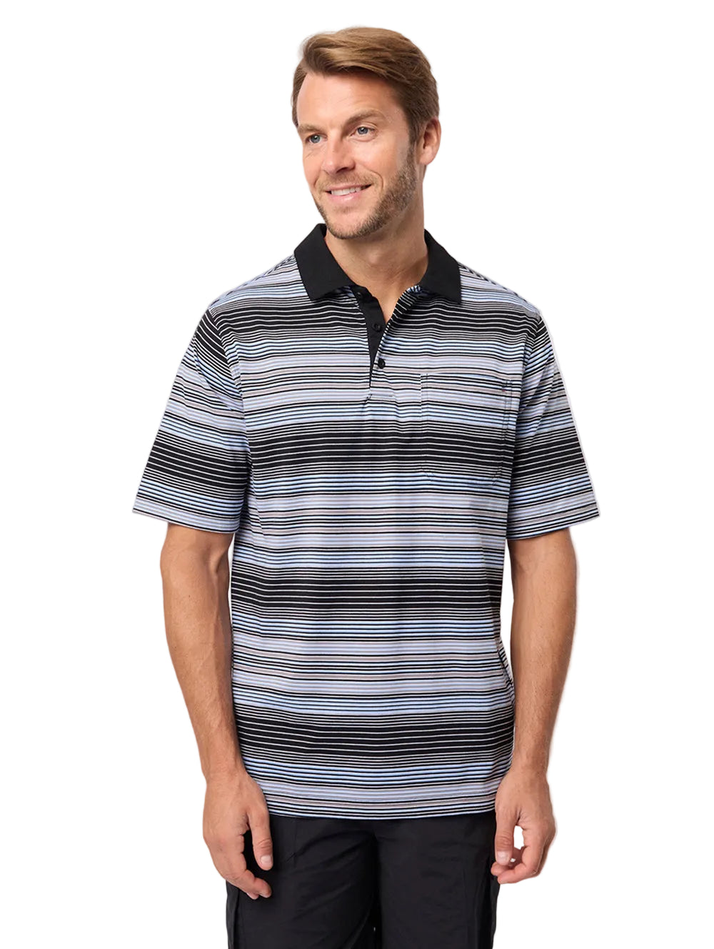 Man wearing a striped polo shirt against a plain background