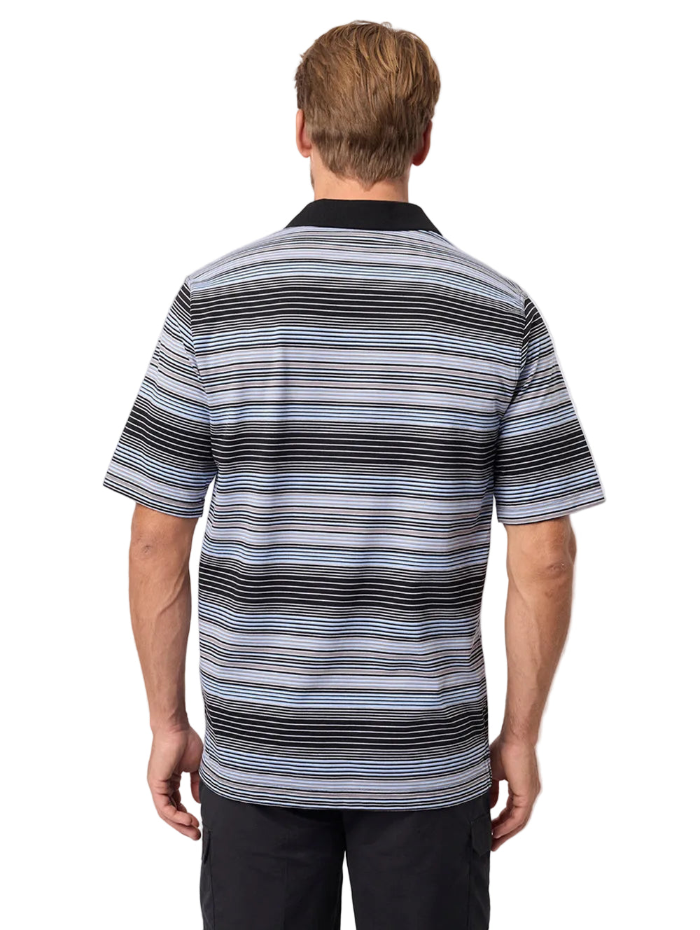 Man wearing a striped polo shirt on a white background