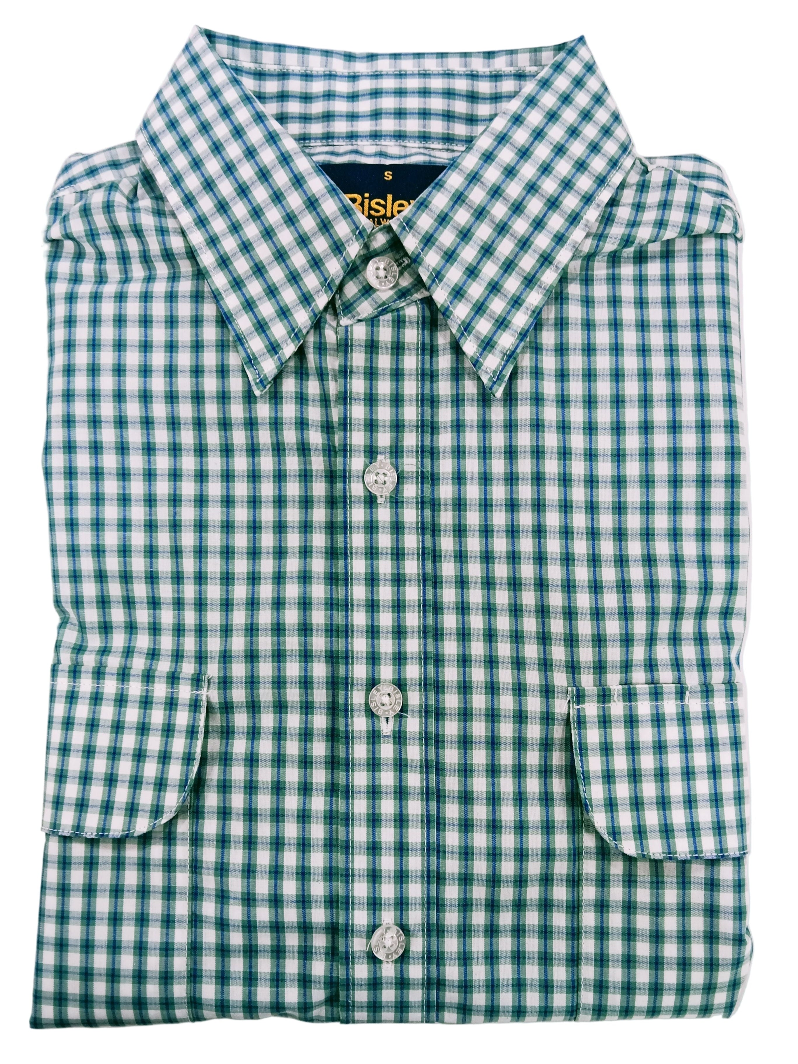 Folded green and white checkered shirt on a white background