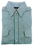 Folded green and white checkered shirt on a white background