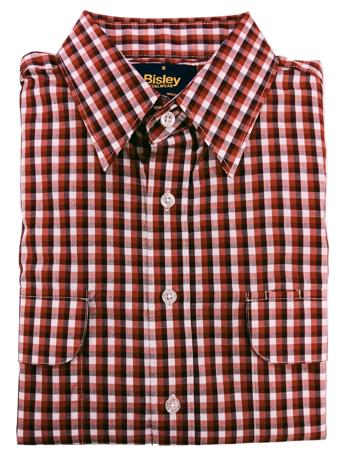 Folded red and white checkered shirt with 'Bisley' branding on a light pink background