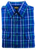 Folded blue and green plaid shirt with Bisley branding on a white background