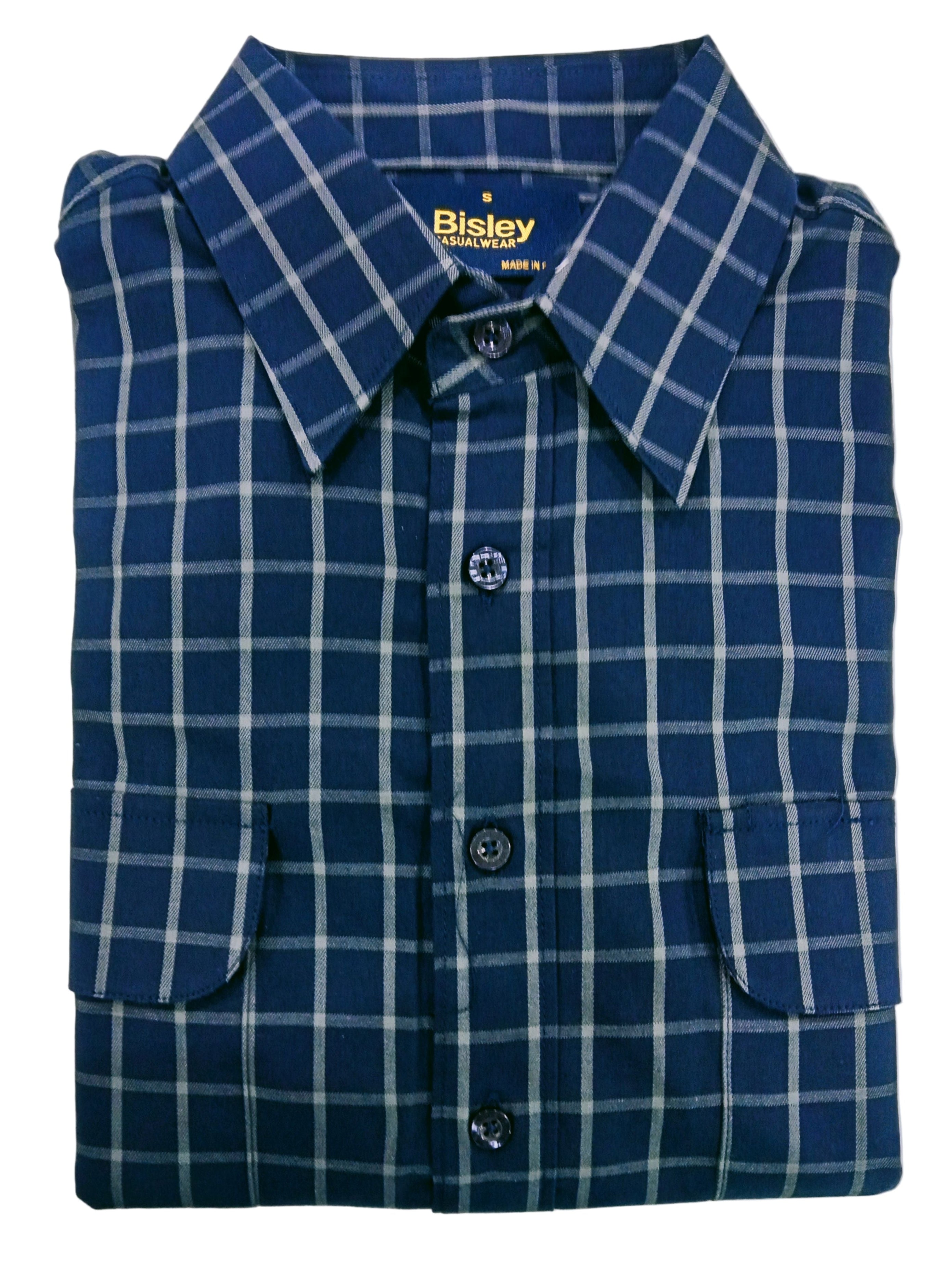 Folded blue and white checkered shirt with Bisley branding on a white background