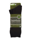 Packaged black/Choc socks with a green label on a white background