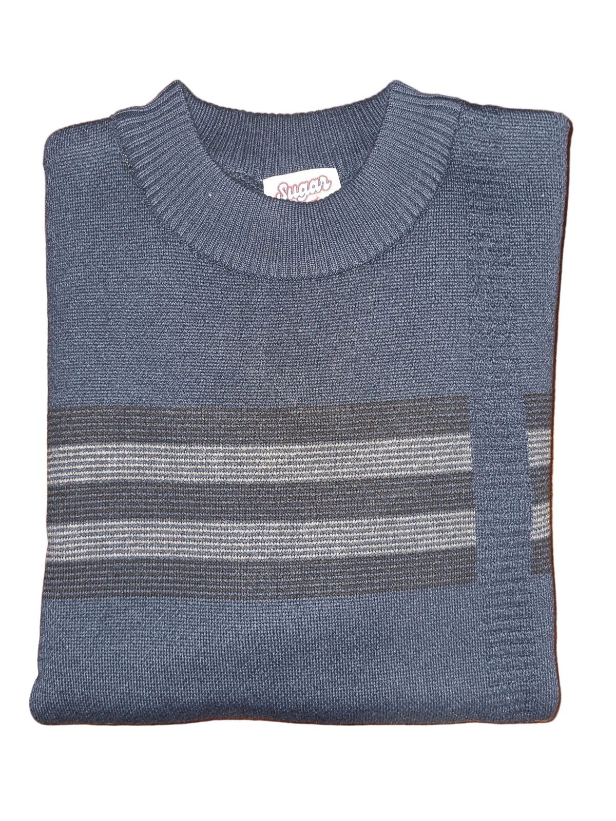 Folded blue sweater with striped pattern on a wooden surface