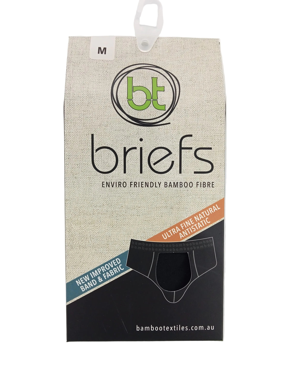 Packaging of bamboo briefs with brand logo and text on a white background