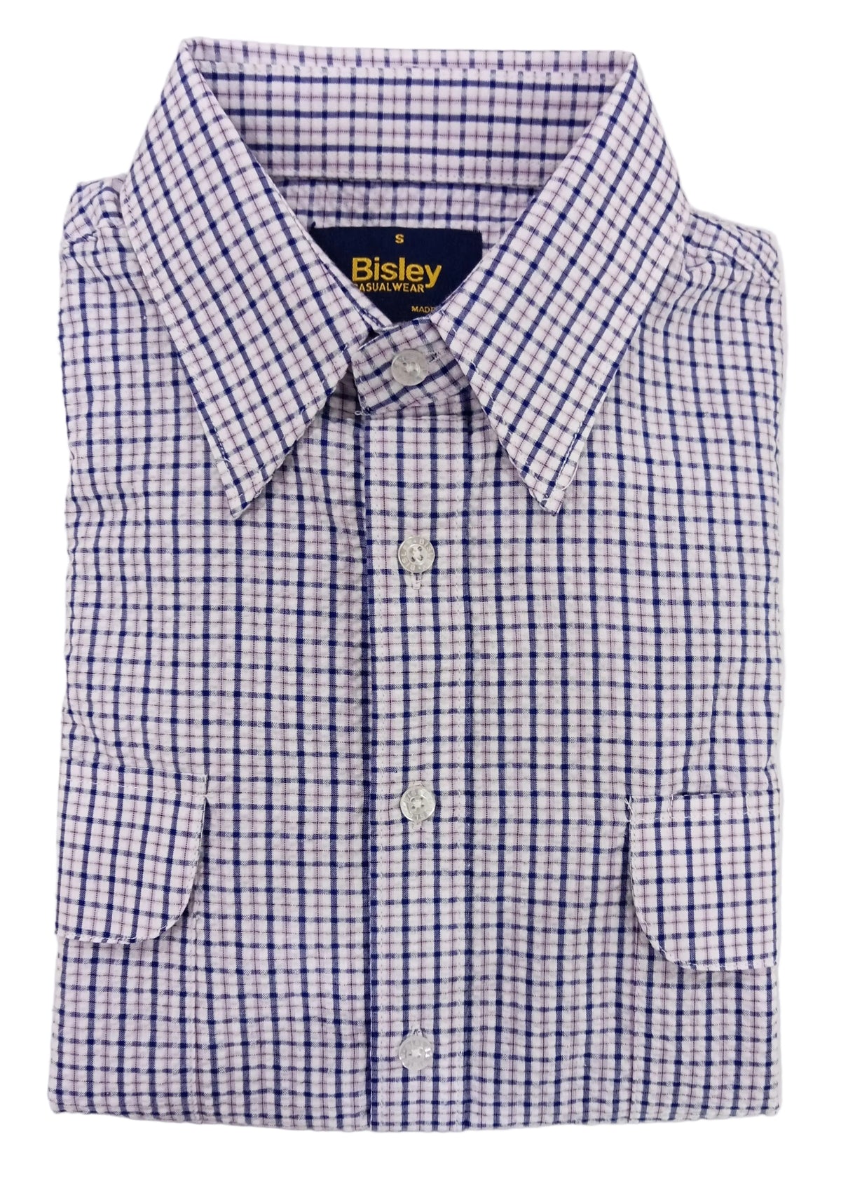 Folded checkered shirt with Bisley branding on a white background