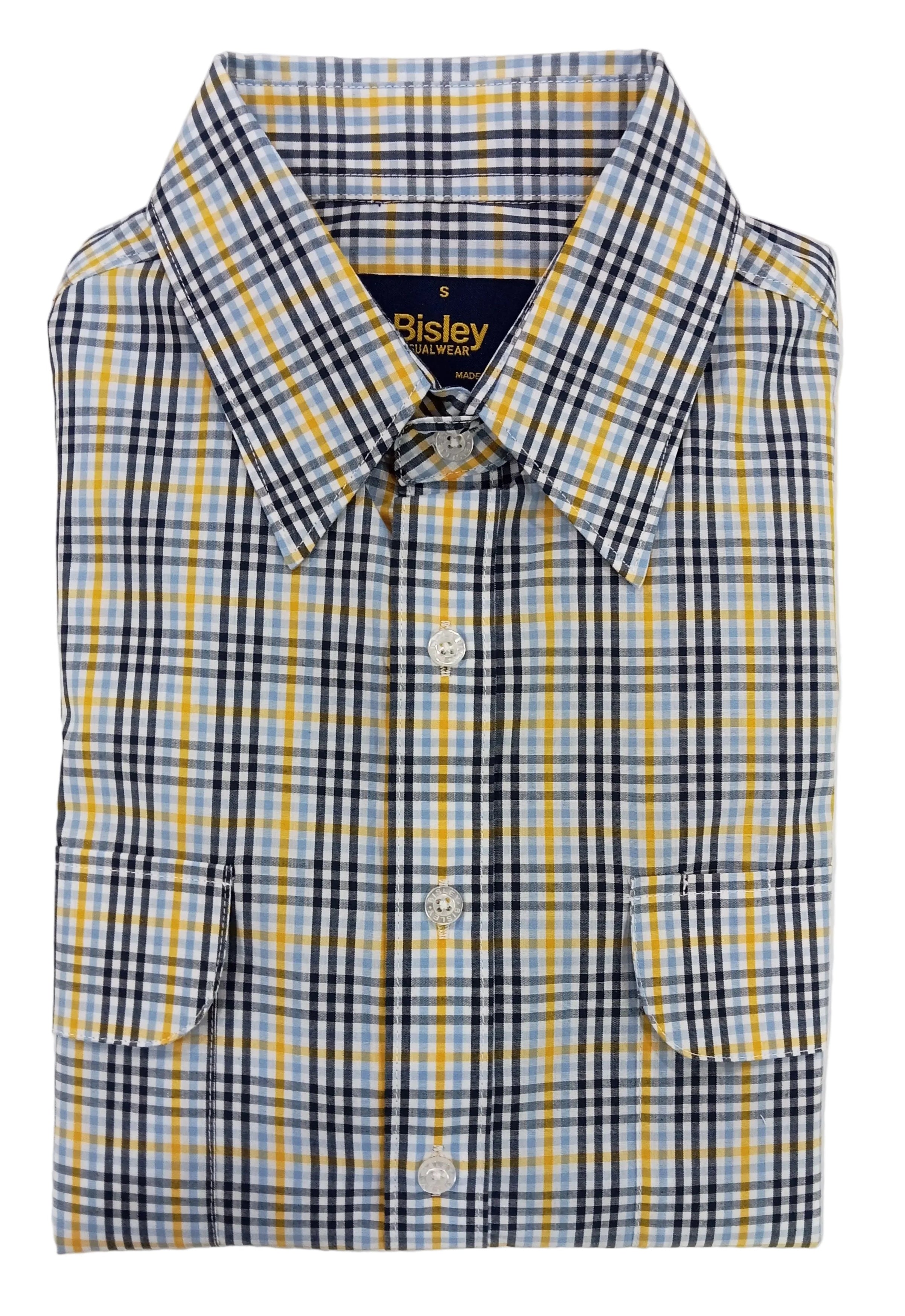 Checkered shirt with yellow and blue pattern on a white background