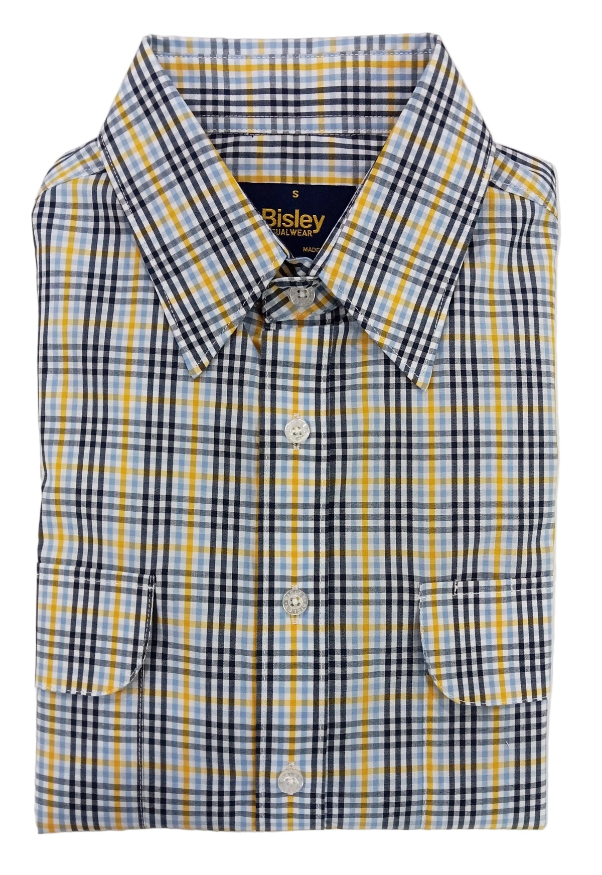 Checkered shirt with yellow and blue pattern on a white background