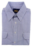 Folded blue and white checkered shirt with Bisley label on a white background