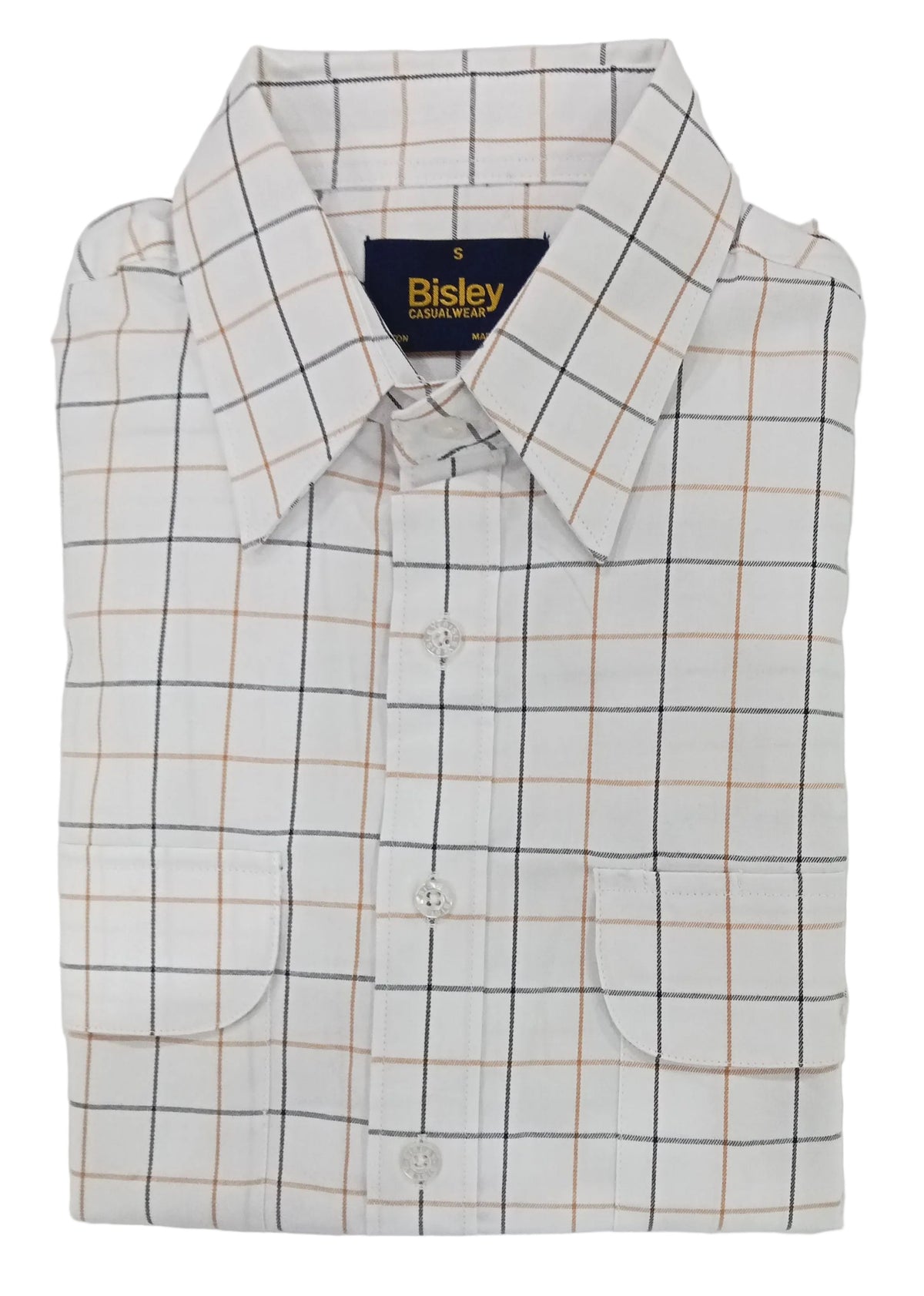 Checkered shirt with brand label on a white background