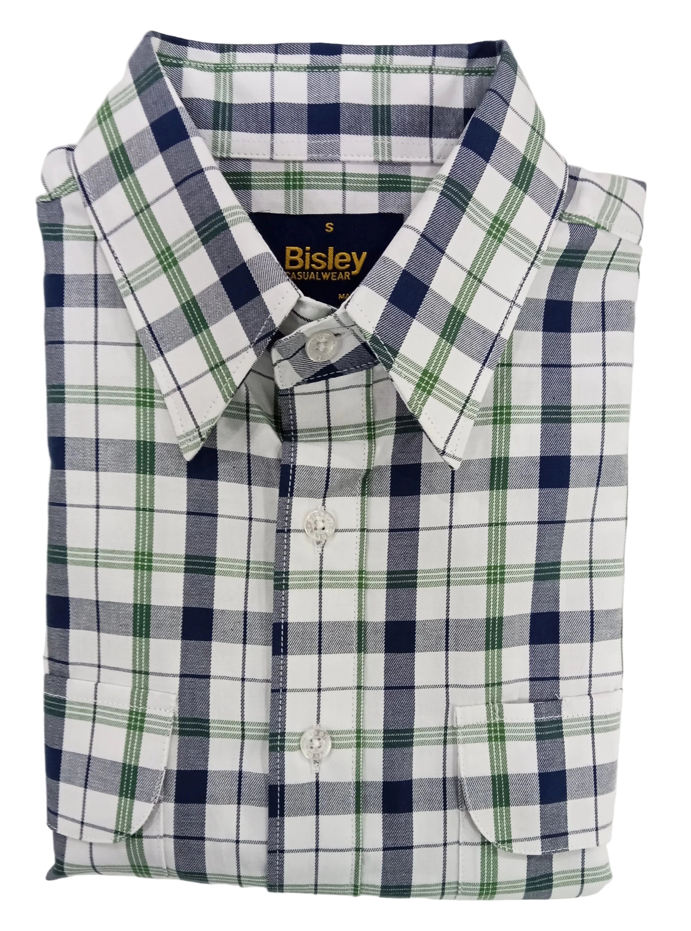 Folded plaid shirt with visible brand logo on a white background