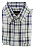 Folded plaid shirt with visible brand logo on a white background