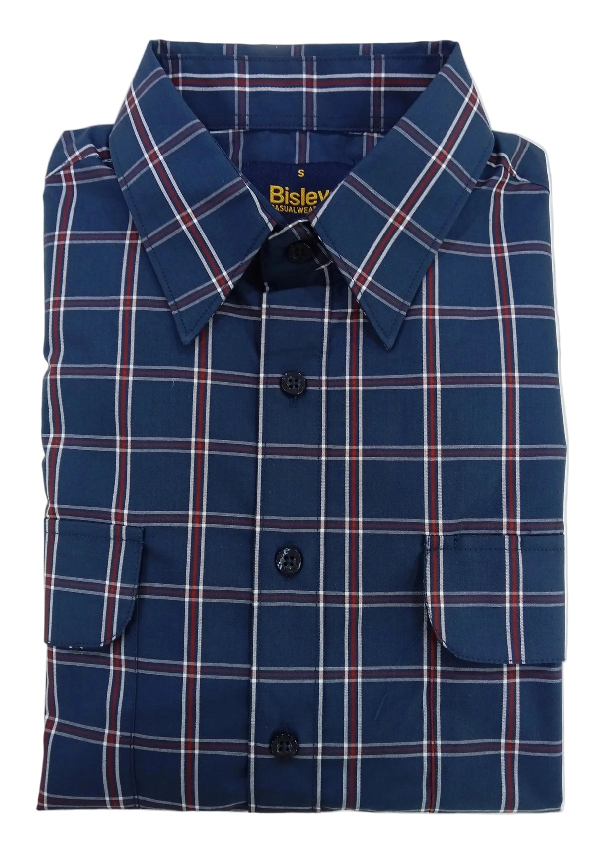Folded blue plaid shirt with black buttons on a white background