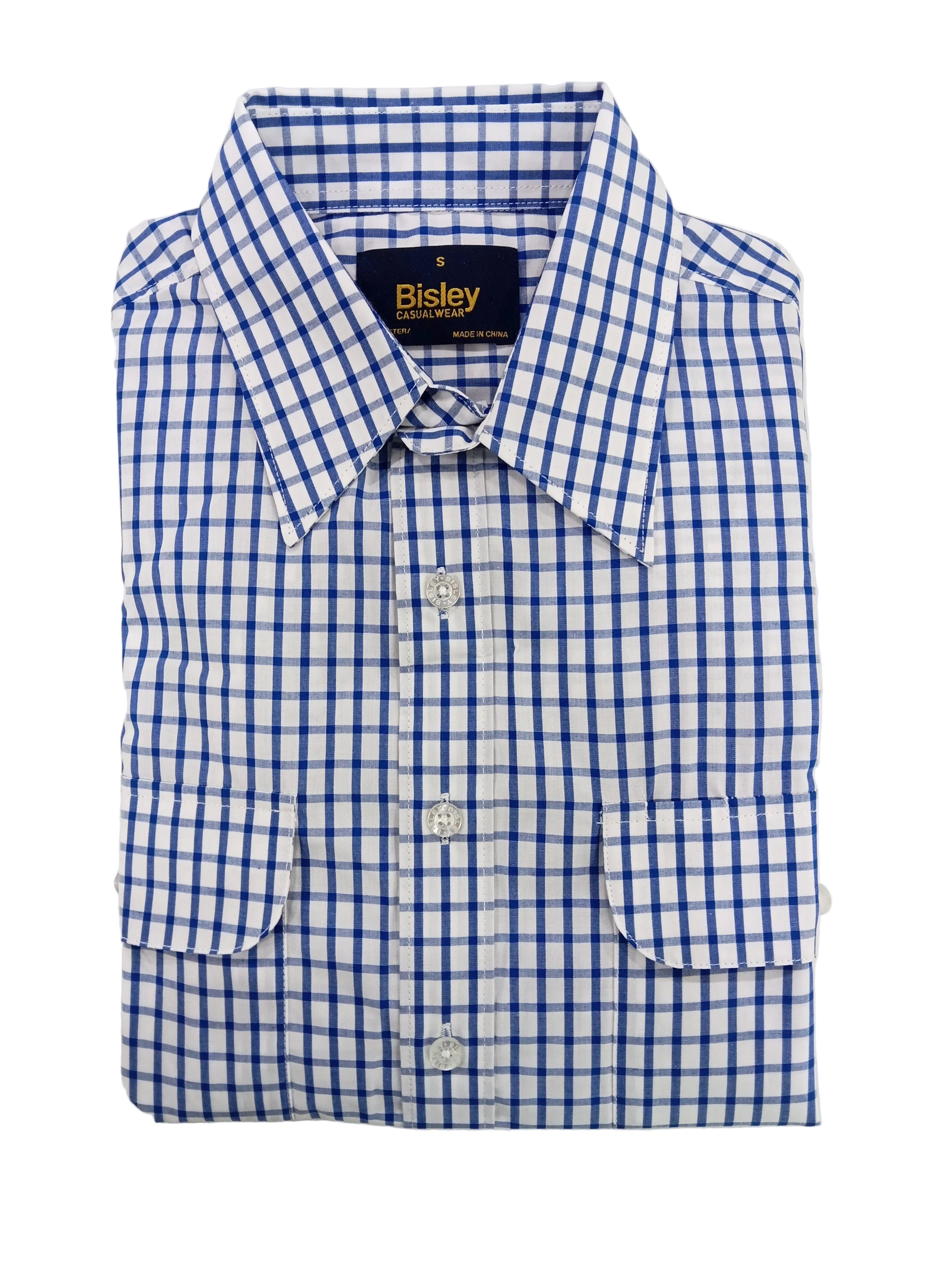 Blue and white checkered shirt with Bisley label on a white background