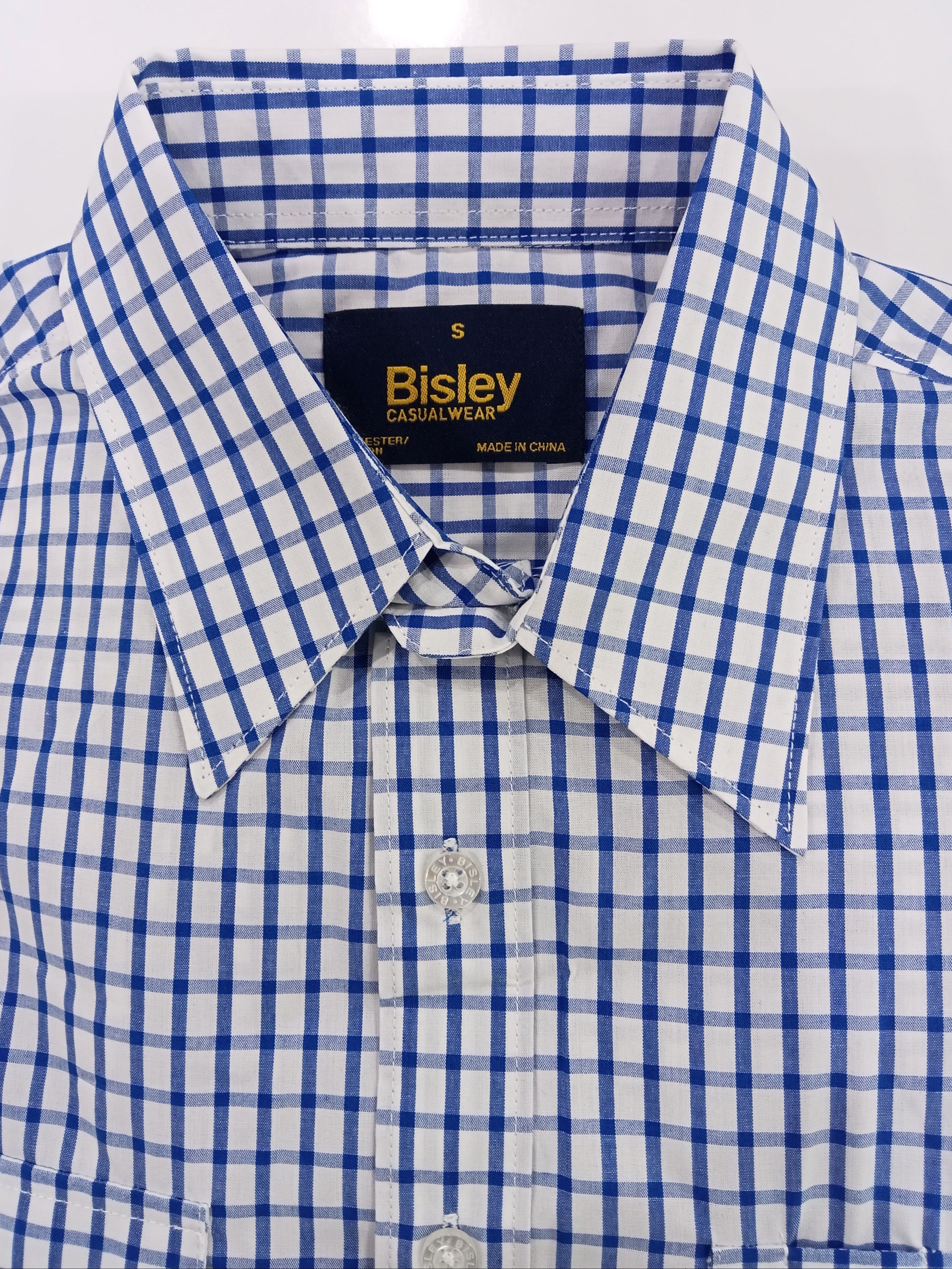 Blue and white checkered shirt with a Bisley label on a white background