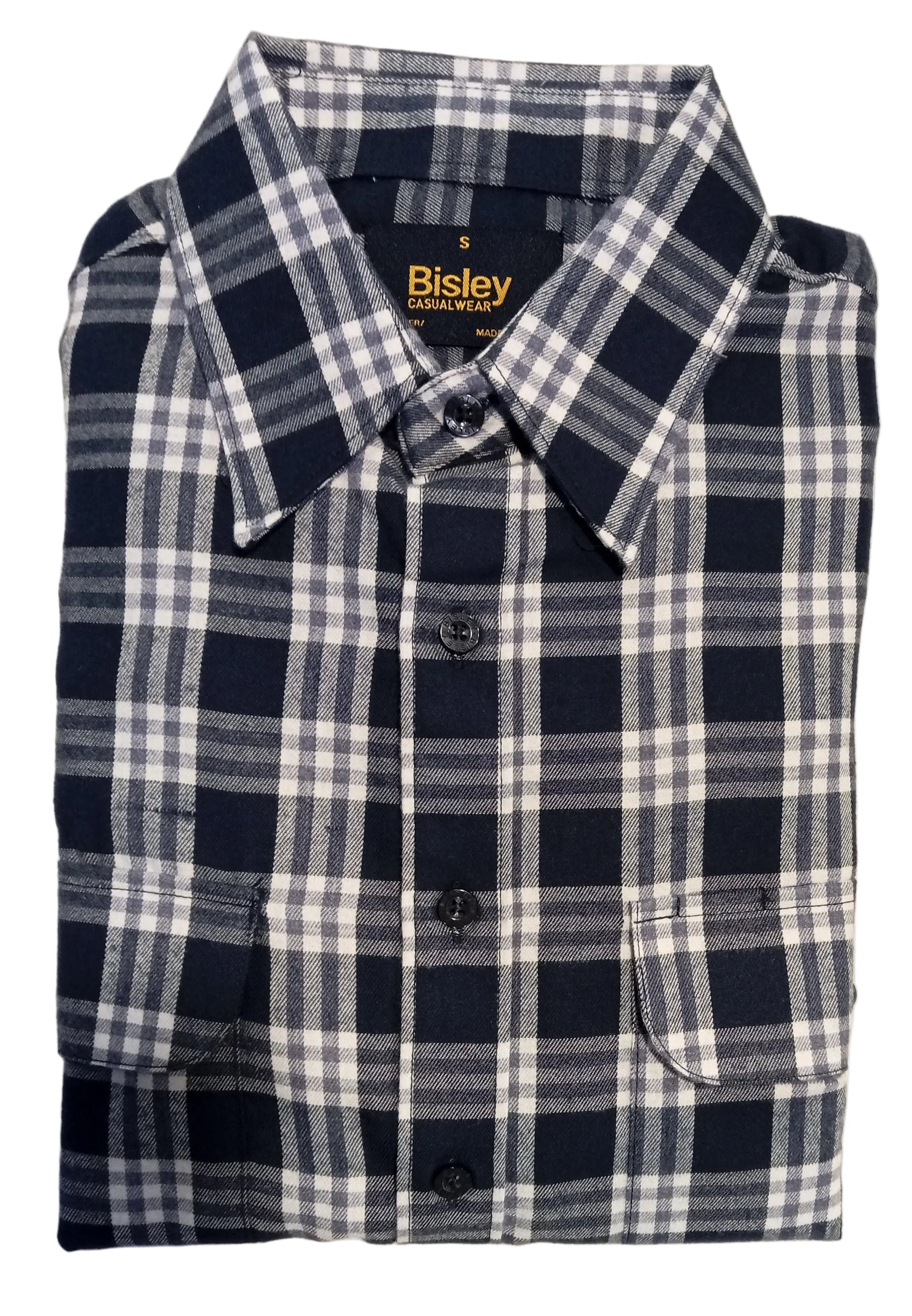 Folded navy and white checkered shirt on a white surface