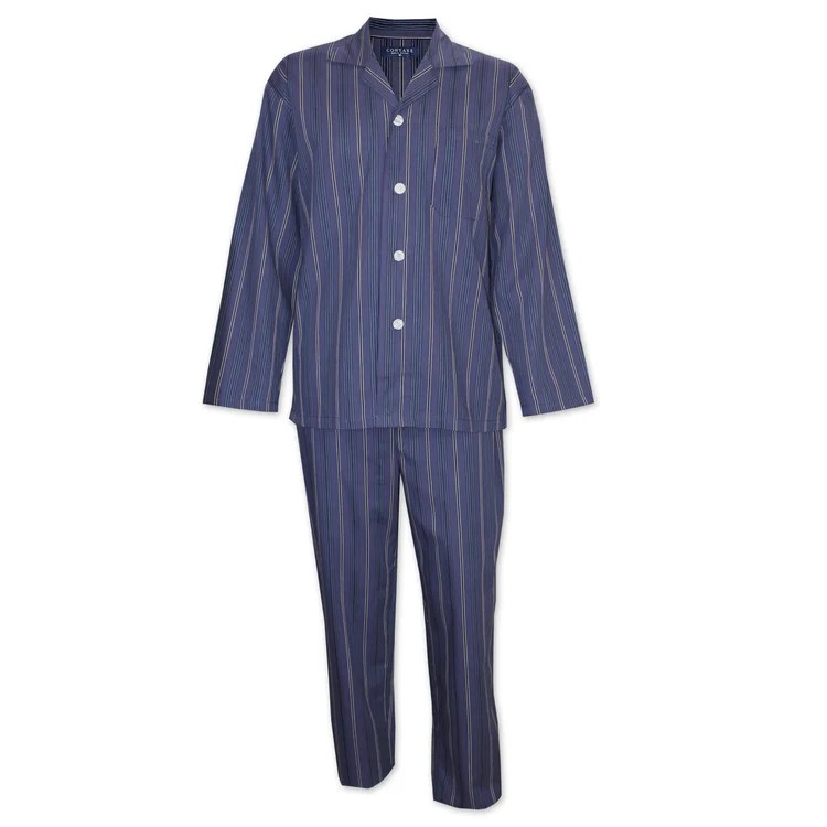 Blue striped pajama set on a white background