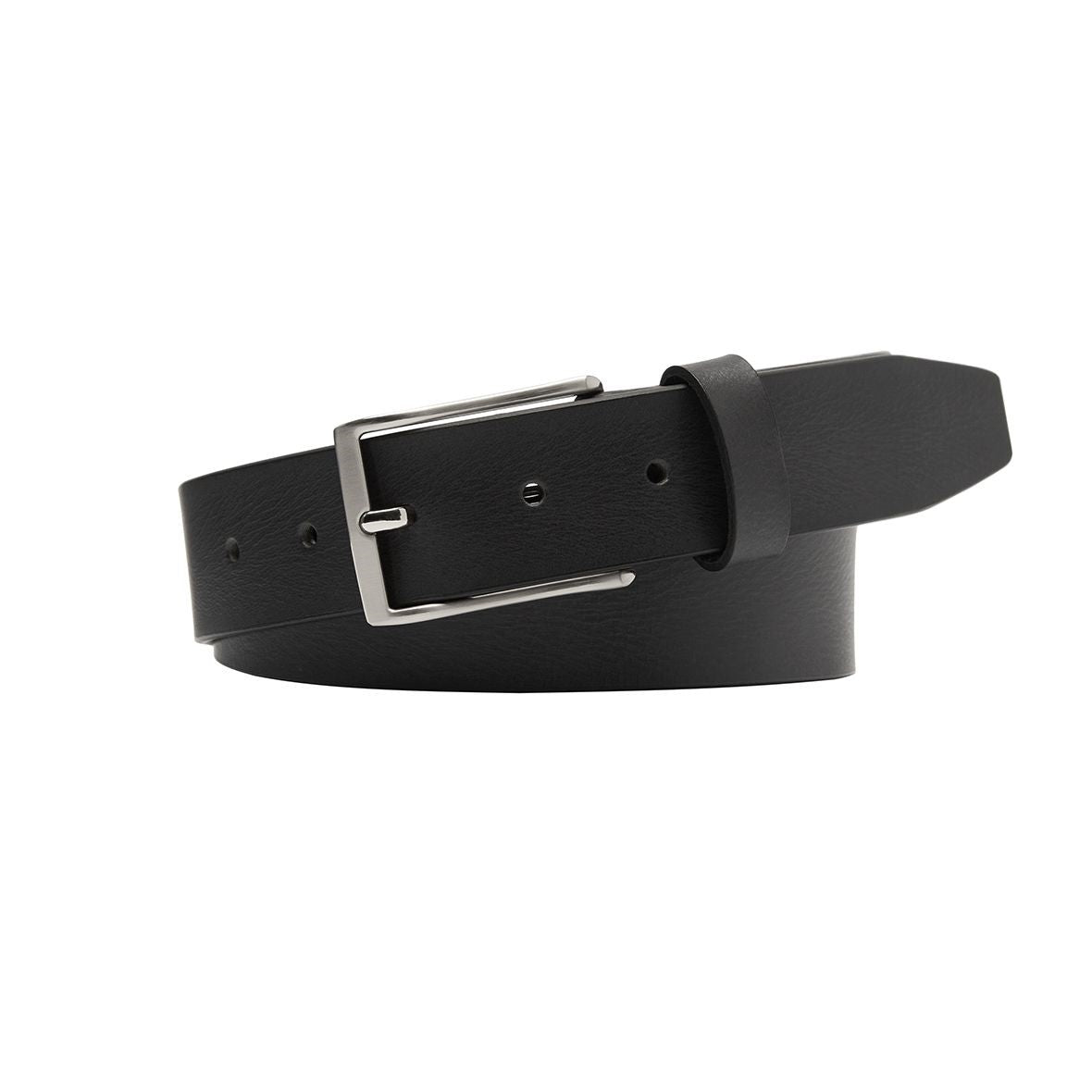 Black belt with a silver buckle on a white background