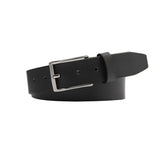 Black belt with a silver buckle on a white background