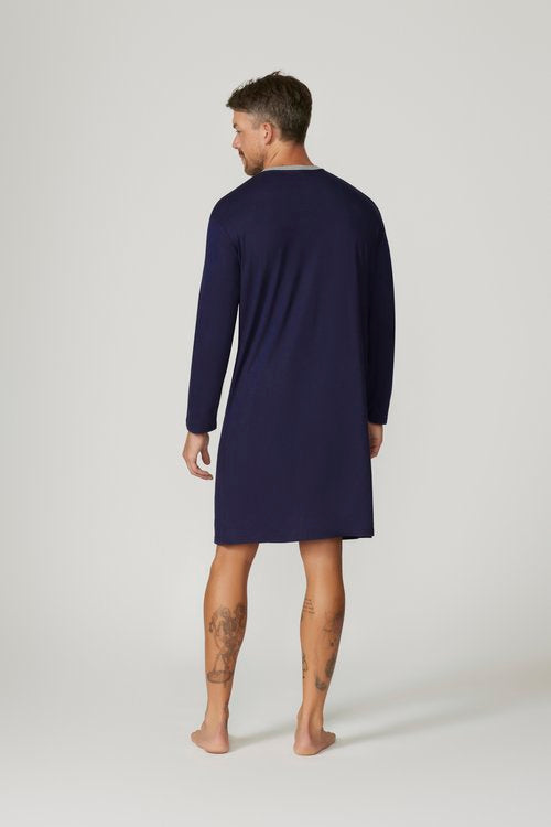 Bamboo Cotton Long Sleeve Nightshirt - Navy/Grey