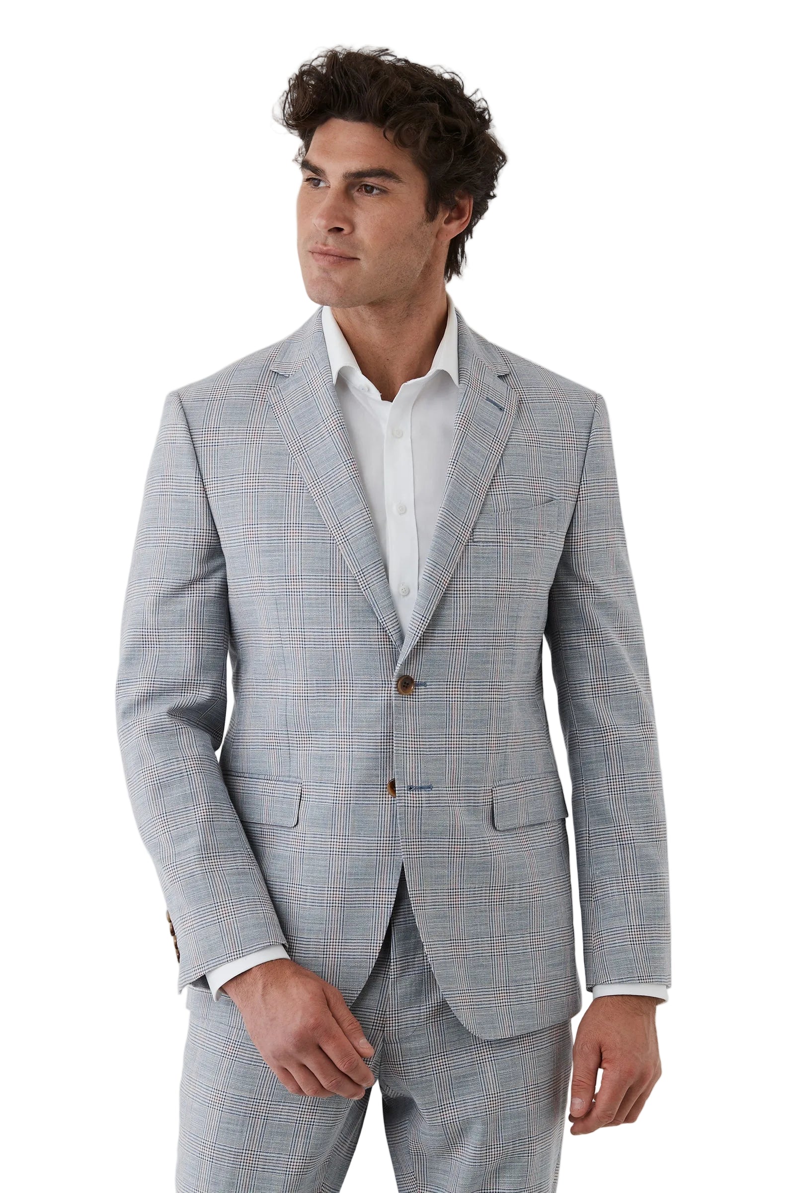 Man wearing a gray checkered suit with a white shirt on a light gray background