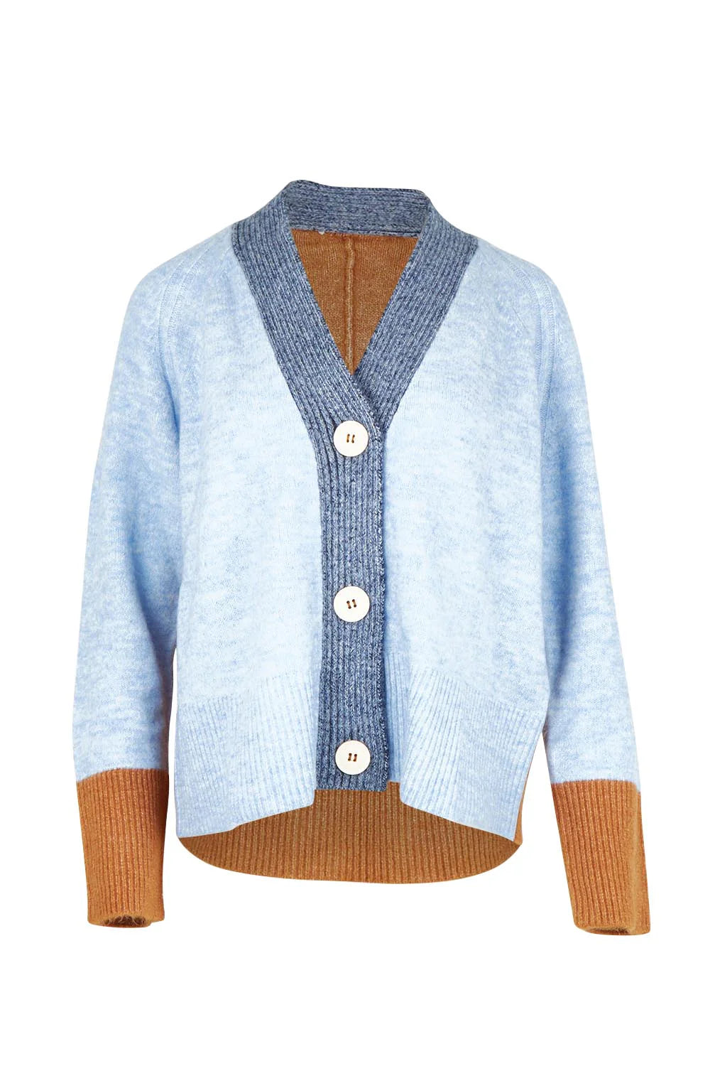 Light blue cardigan with brown accents on a white background