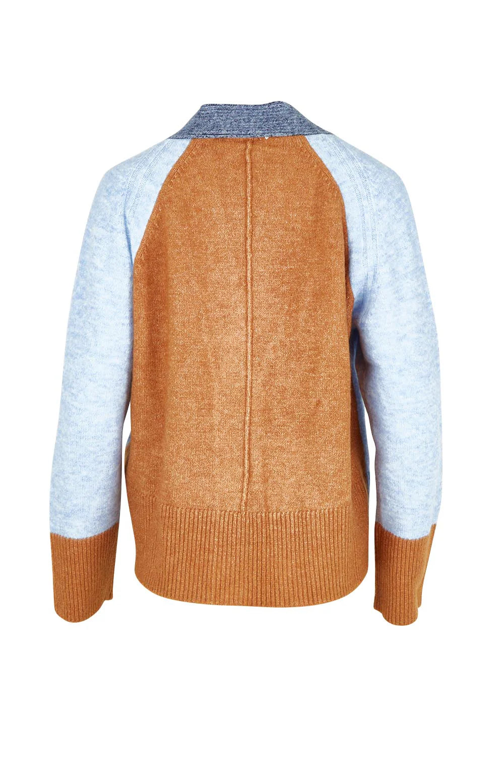 Back view of a sweater with blue and brown color block design on a white background