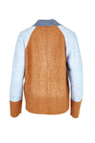 Back view of a sweater with blue and brown color block design on a white background