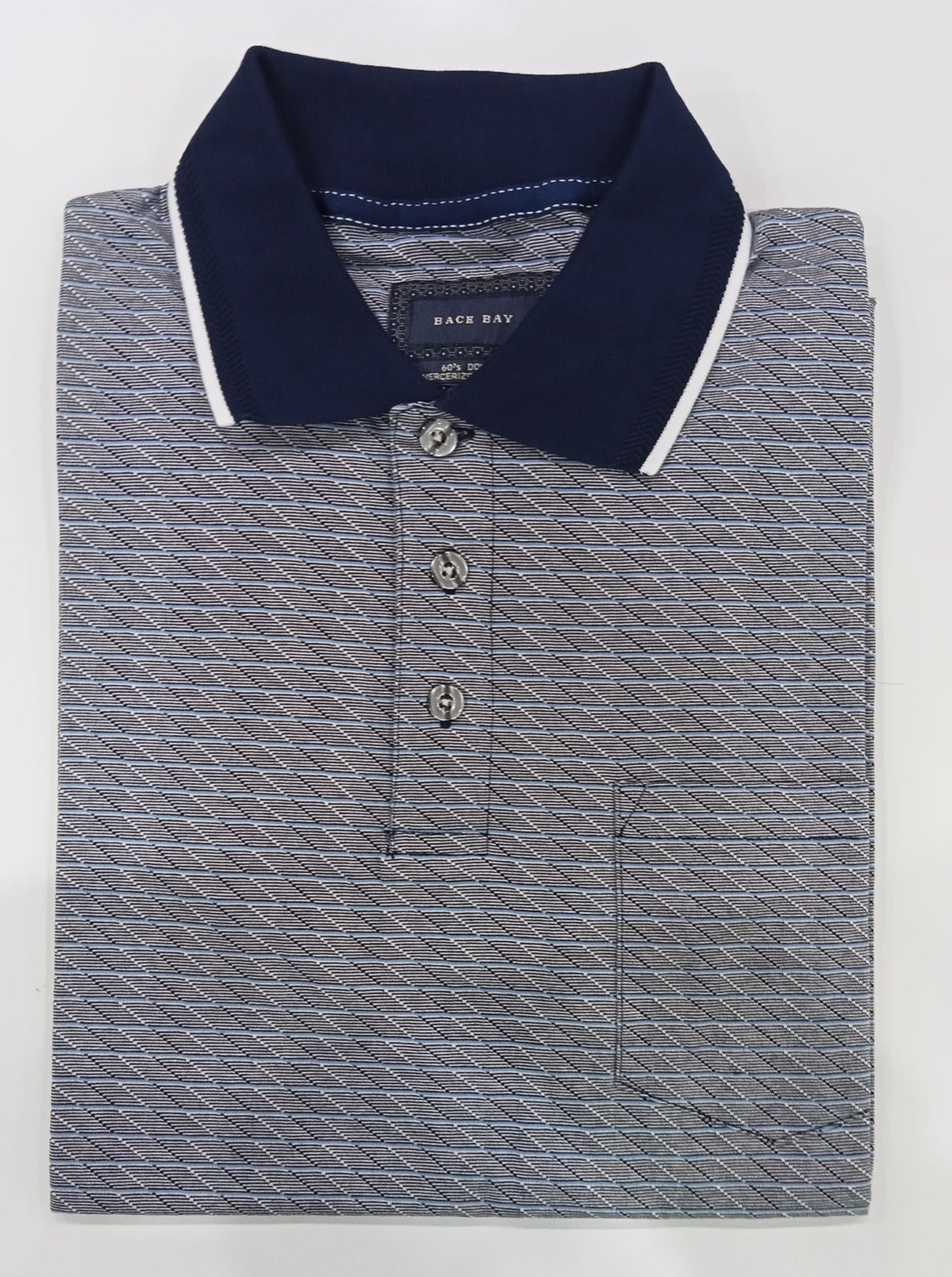 Gray patterned polo shirt with navy collar on a white background