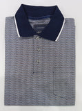 Gray patterned polo shirt with navy collar on a white background