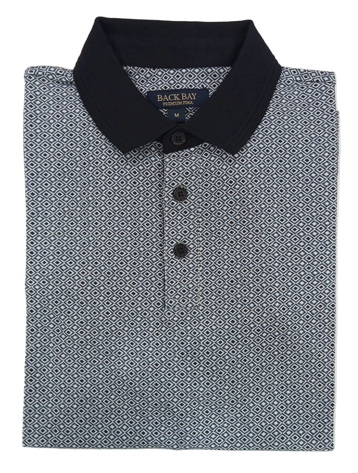 Folded polo shirt with black collar and geometric pattern on a white background