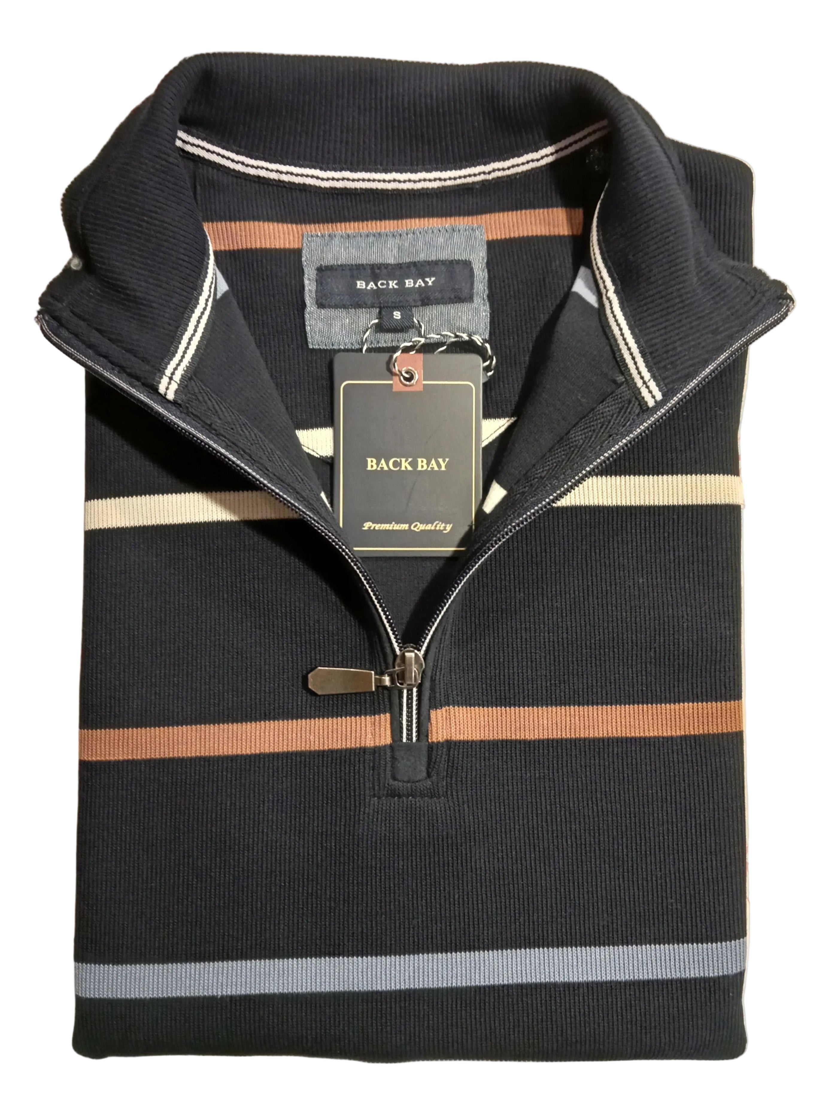 Black half-zip sweater with striped collar on a branded box