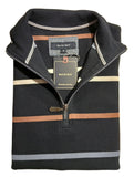 Black half-zip sweater with striped collar on a branded box