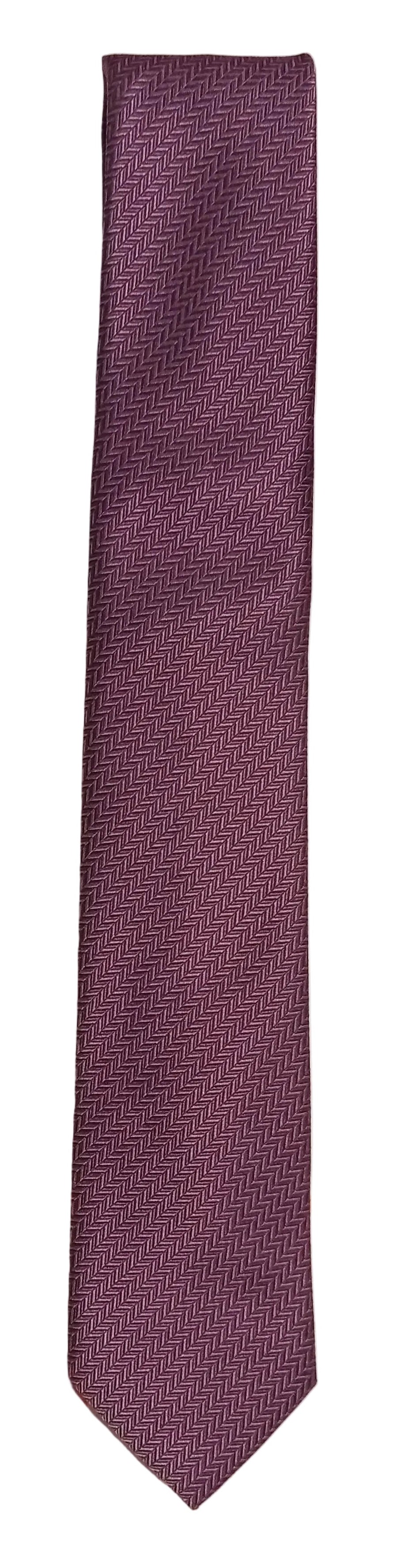 A textured purple necktie laid flat on a white surface next to a partially opened white gift box containing accessories.