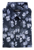 A folded long-sleeve button-up shirt with a dark charcoal gray base and a large white floral print, featuring a pointed collar and a visible 'BROOKFIELD' brand label.