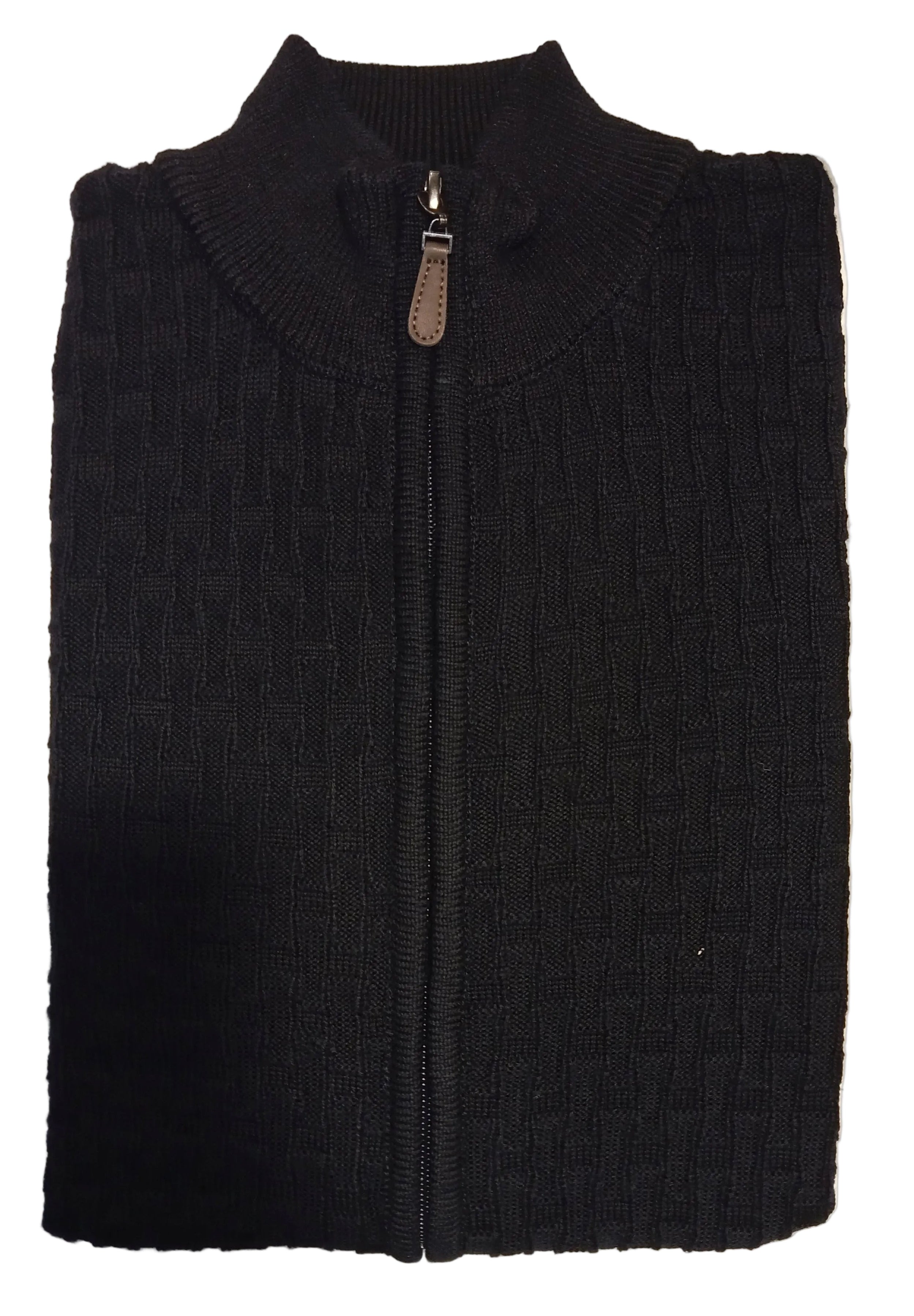 Folded black zip-up sweater on a white surface