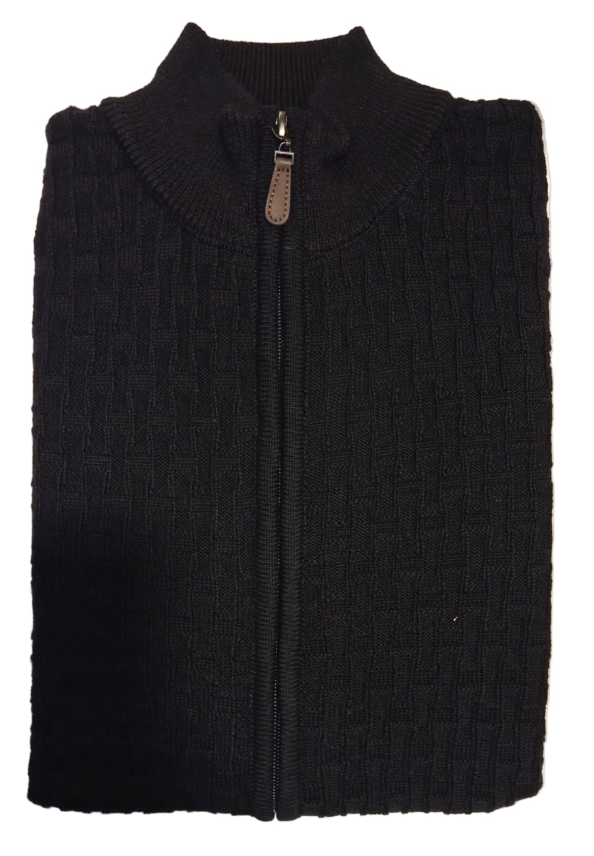 Folded black zip-up sweater on a white surface